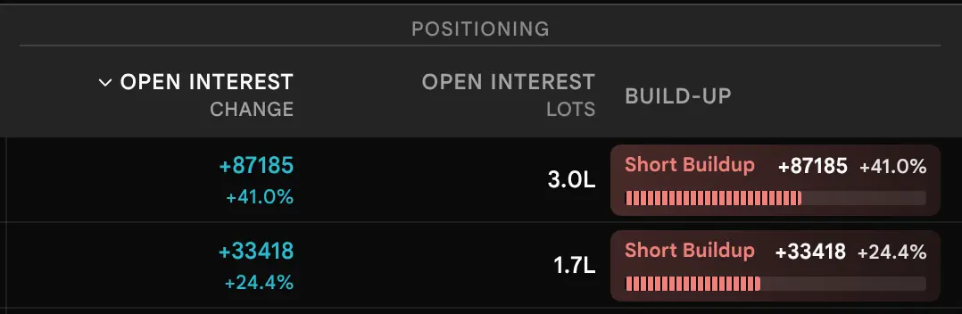 The earlier page, before 19 October 2026: Close-up of the Positioning band showing Open Interest change in lots with percent beneath, and Open Interest in lots, for the first two rows.