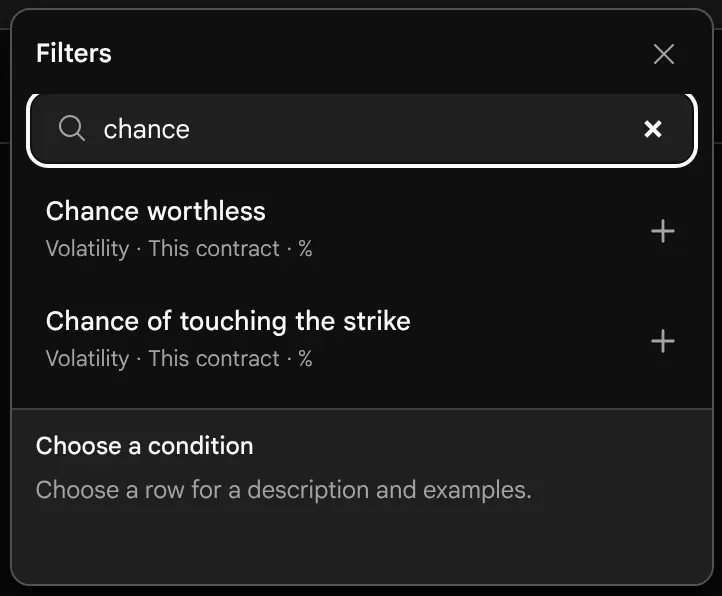 The Add filter panel searched for chance, showing the figures that match.