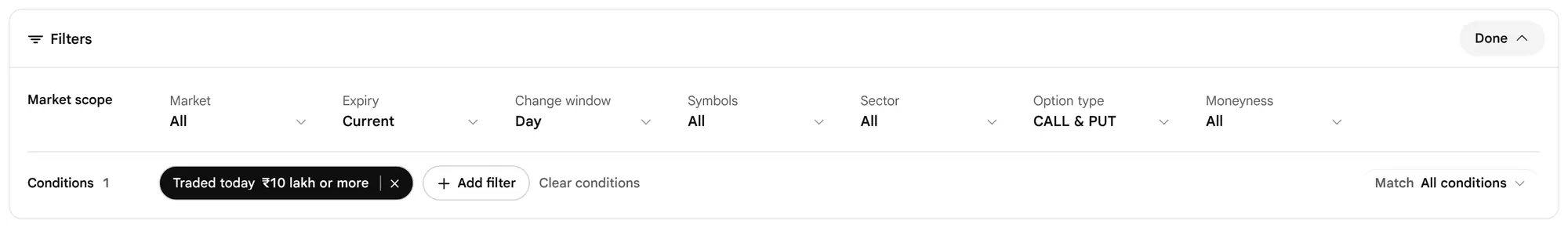 The earlier page, before 19 October 2026: The filter panel opened: the Market scope row of capsules, the sentence about matching conditions within the scope, and the Conditions row.