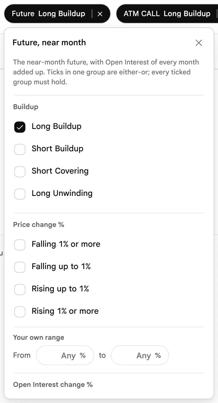 The earlier page, before 19 October 2026: The Future capsule editor with a Build-up tick list and sections for futures price change and Open Interest change.