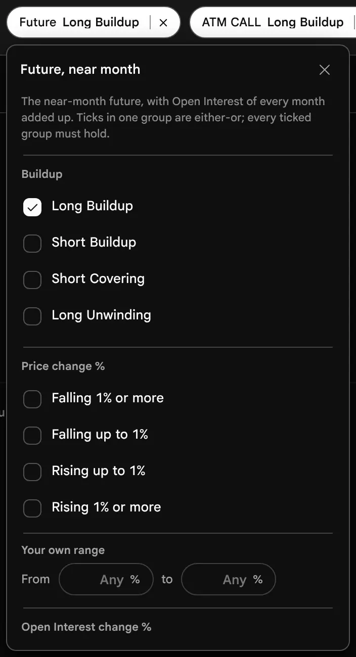 The earlier page, before 19 October 2026: The Future capsule editor with a Build-up tick list and sections for futures price change and Open Interest change.