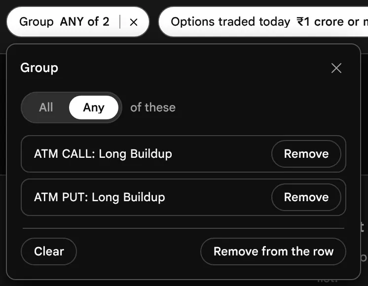 The earlier page, before 19 October 2026: The group editor listing the members ATM Call, long build-up, and ATM Put, long build-up, under Match Any of these.