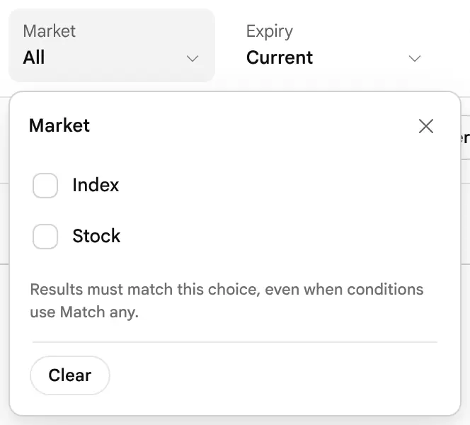 The Market capsule opened with tick boxes for Stock and Index.