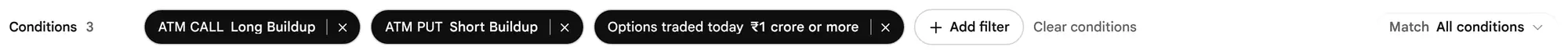 The earlier page, before 19 October 2026: The Conditions row with three capsules: ATM Call, long build-up; ATM Put, short build-up; and Options traded today ₹1 crore or more.