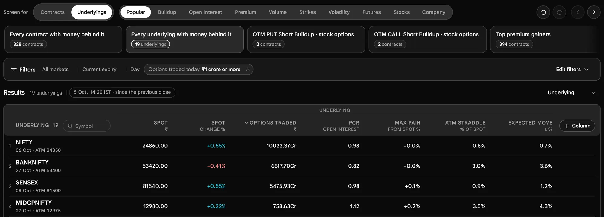 The earlier page, before 19 October 2026: The Custom view with Screen for Underlyings: the Results line and the first rows, each an underlying with its expiry and ATM strike.