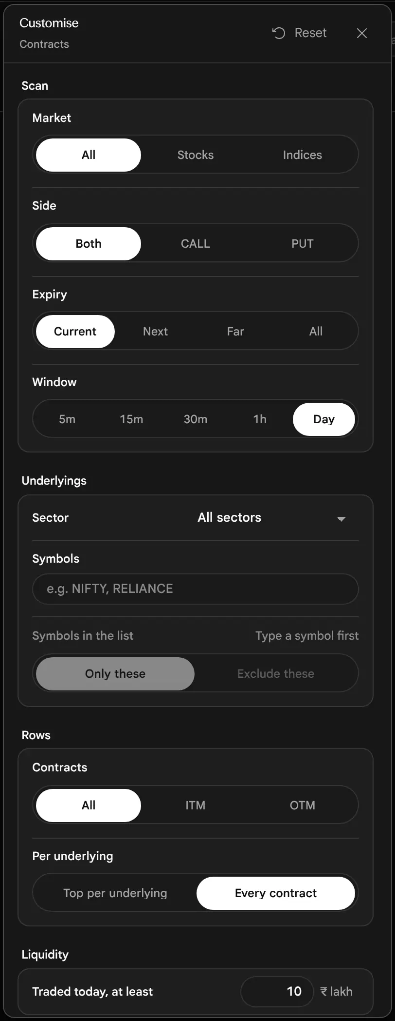 The earlier page, before 19 October 2026: The Customise panel for Contracts showing the Scan, Underlyings and Rows sections and the start of Liquidity.
