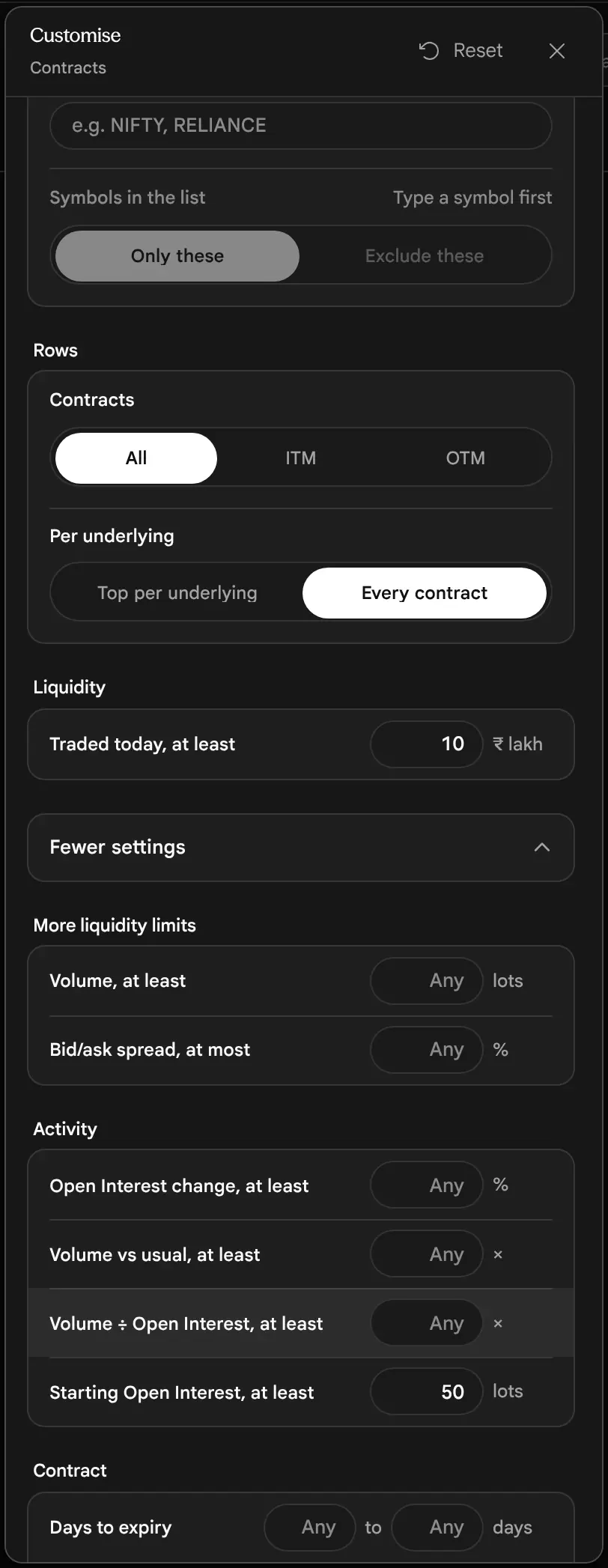 The Customise panel with More settings opened, showing liquidity limits and activity fields.
