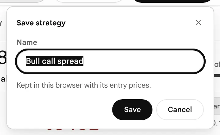 The Save strategy box: a Name field with a suggested name, the note Kept in this browser with its entry prices, and Cancel and Save buttons.