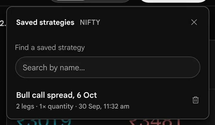 The Saved strategies list for NIFTY with one entry named Bull call spread 6 Oct, showing 2 legs, 1x quantity and the time it was saved, with a delete button.