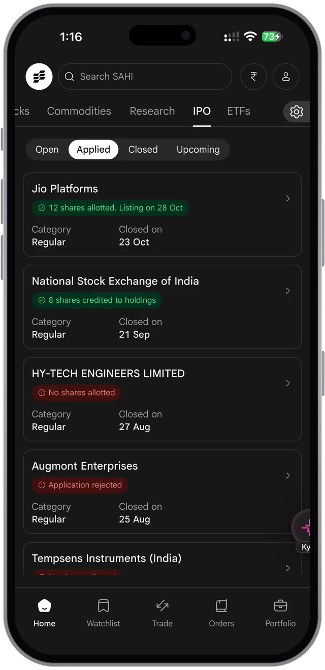 The SAHI app. The IPO tab, Applied: each application with its result, such as 12 shares allotted, shares credited to holdings, no shares allotted or application rejected