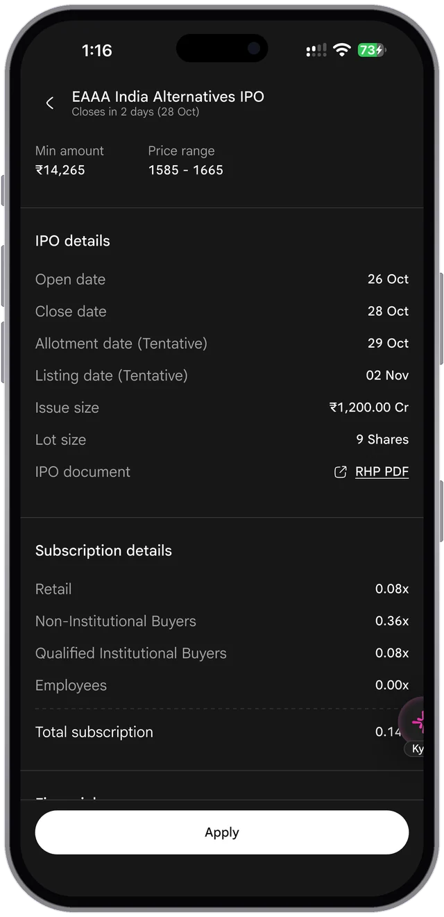 The SAHI app. EAAA India Alternatives IPO details: open, close, allotment and listing dates, issue size, lot size, the RHP, and subscription by investor category