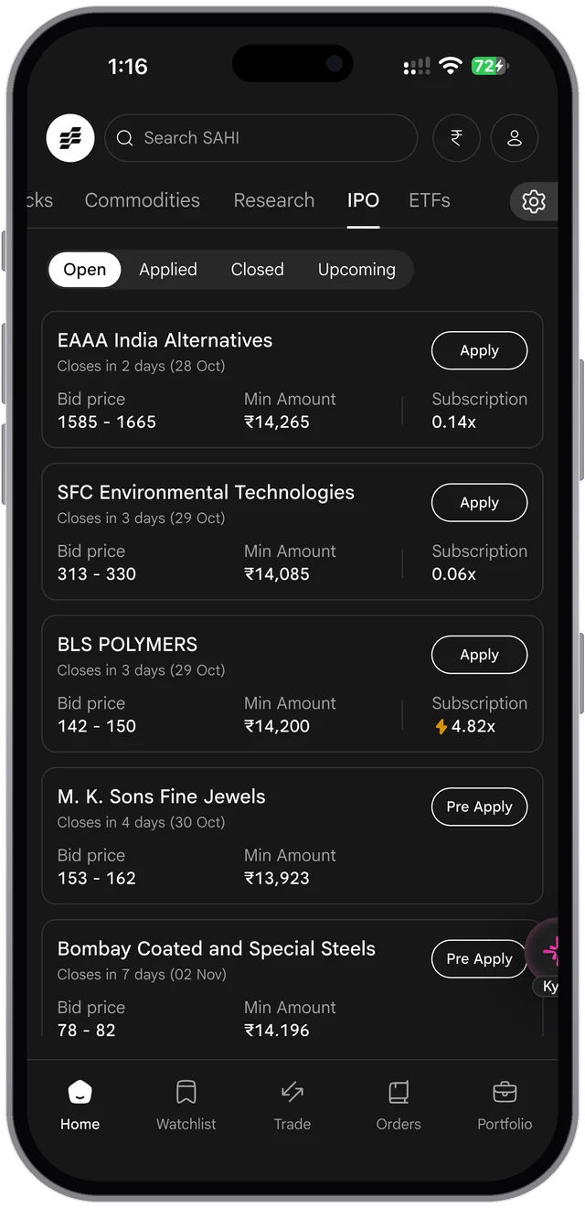 The SAHI app. The IPO tab, Open: EAAA India Alternatives, SFC Environmental Technologies and BLS Polymers with bid price, minimum amount, subscription and Apply; M. K. Sons and Bombay Coated with Pre Apply