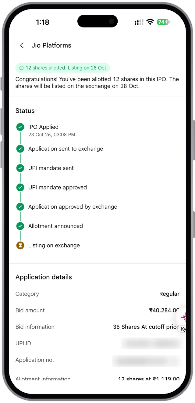 The SAHI app. An application's status, step by step: applied, sent to the exchange, UPI mandate sent and approved, approved by the exchange, allotment announced, listing