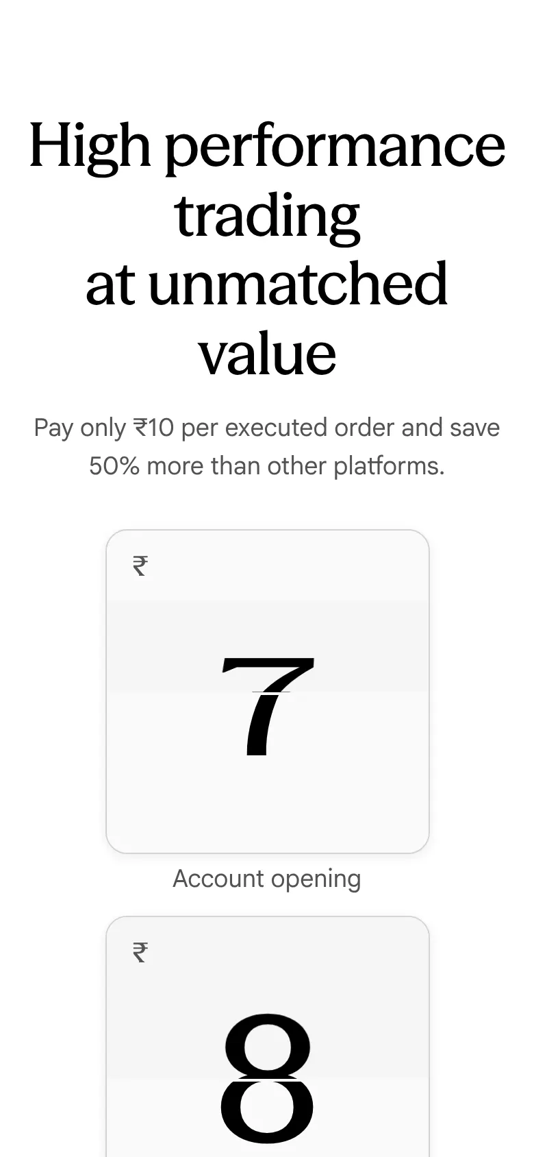 sahi.com: The ₹0 / ₹0 / ₹10 comparison takes a screen and a half on a phone