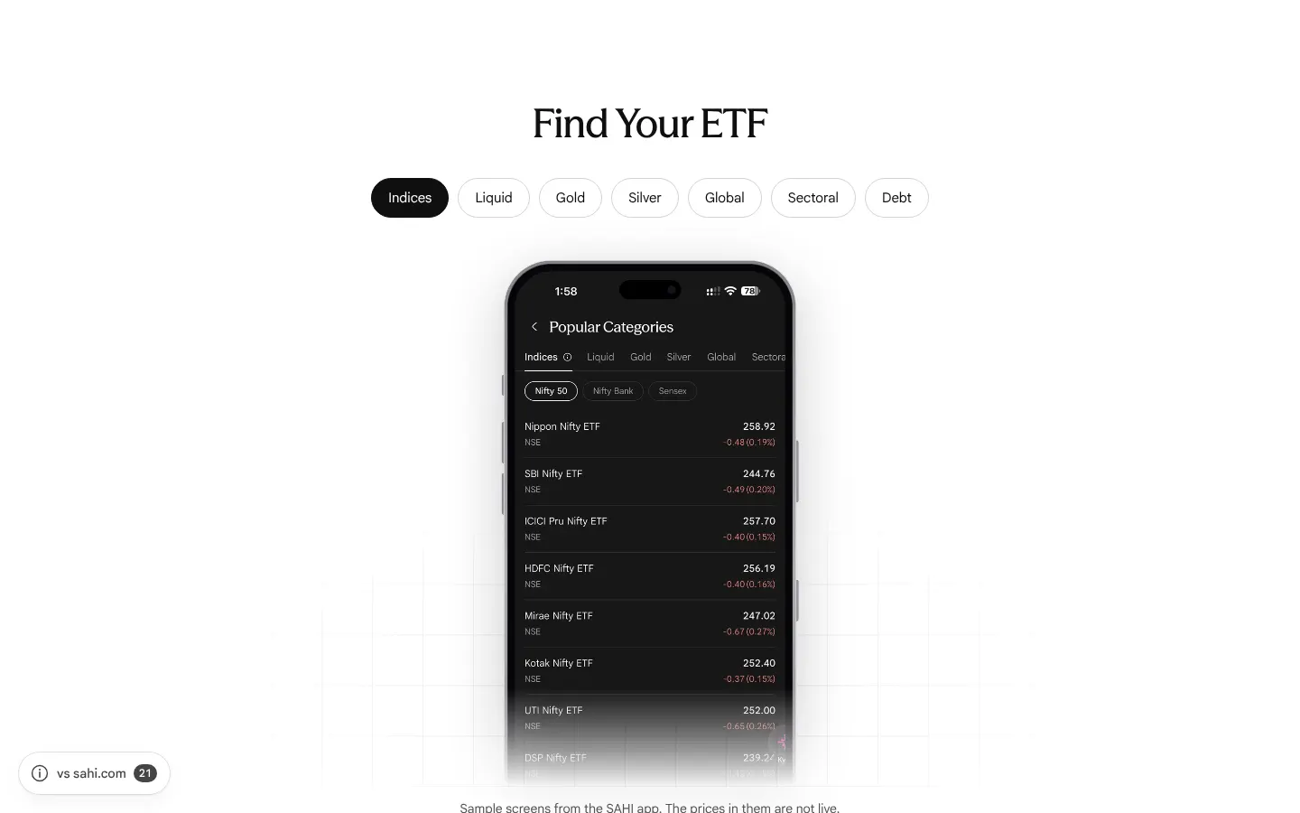 Our copy: Find Your ETF shows the SAHI app's own screen for each category
