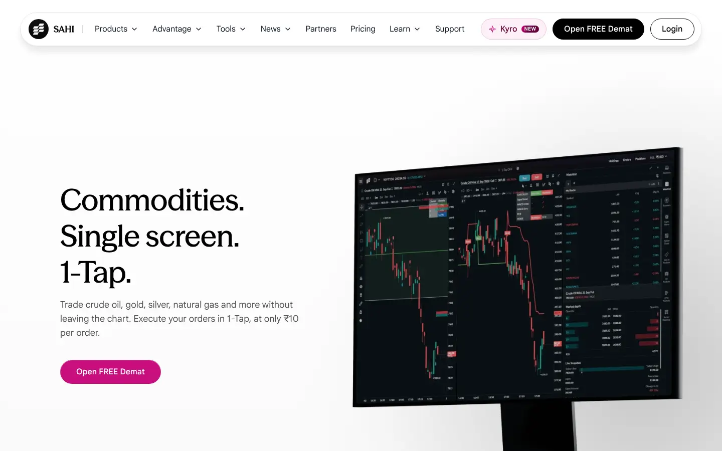 sahi.com, Commodities: the first screen on desktop