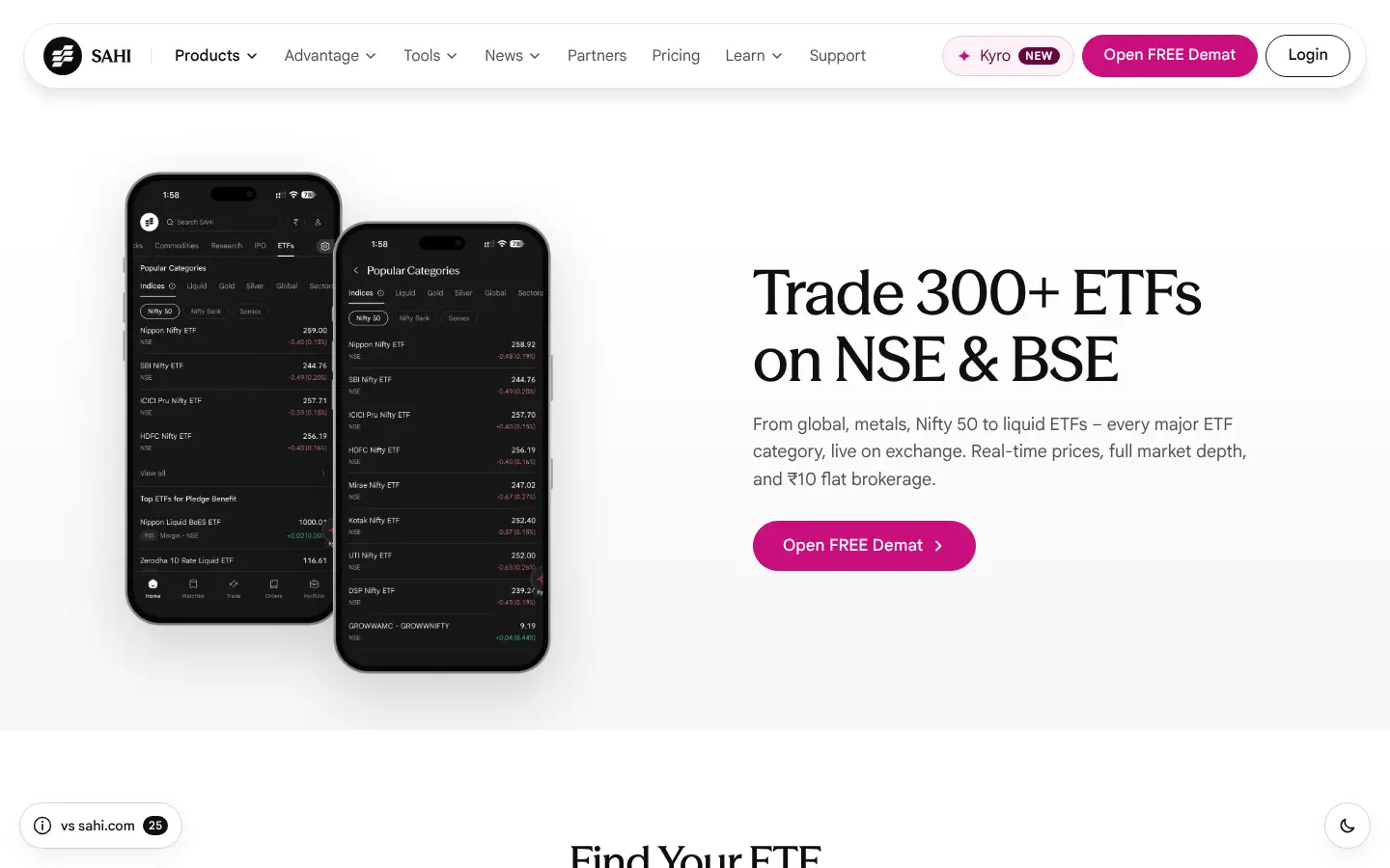 Our copy, ETFs: the first screen on desktop