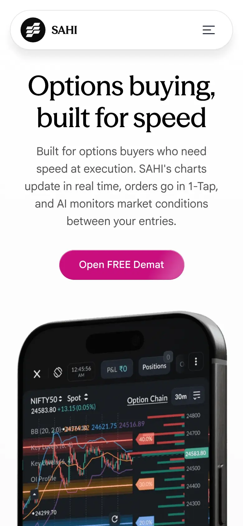 sahi.com, Option Buyer: the first screen on a phone