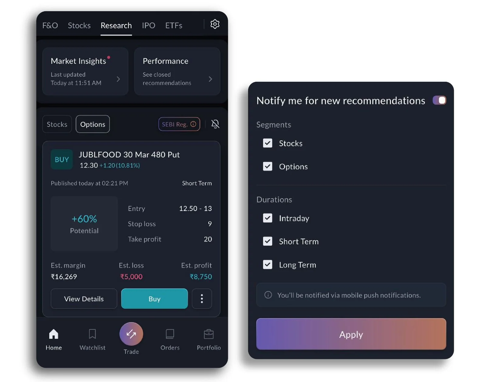 SAHI app Research tab with a JUBLFOOD put recommendation and the bell icon, beside the notification settings: Notify me for new recommendations, Segments Stocks and Options, Durations Intraday, Short Term and Long Term, and Apply